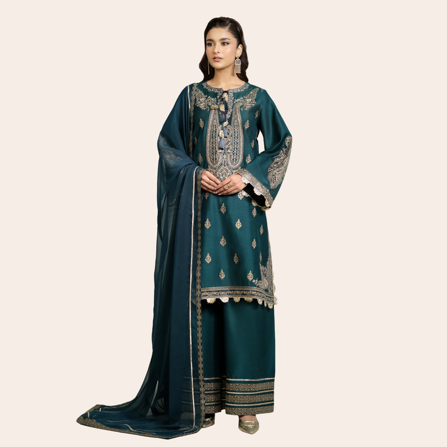 Pakistani Embroidered Cambric Suit Canada | Gota Work Plazo Set with Chiffon Dupatta