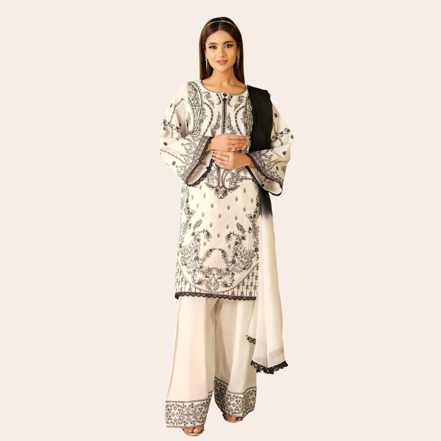Pakistani Embroidered Farshi Shalwar Suit Canada | Cambric Cotton with Chiffon Dupatta