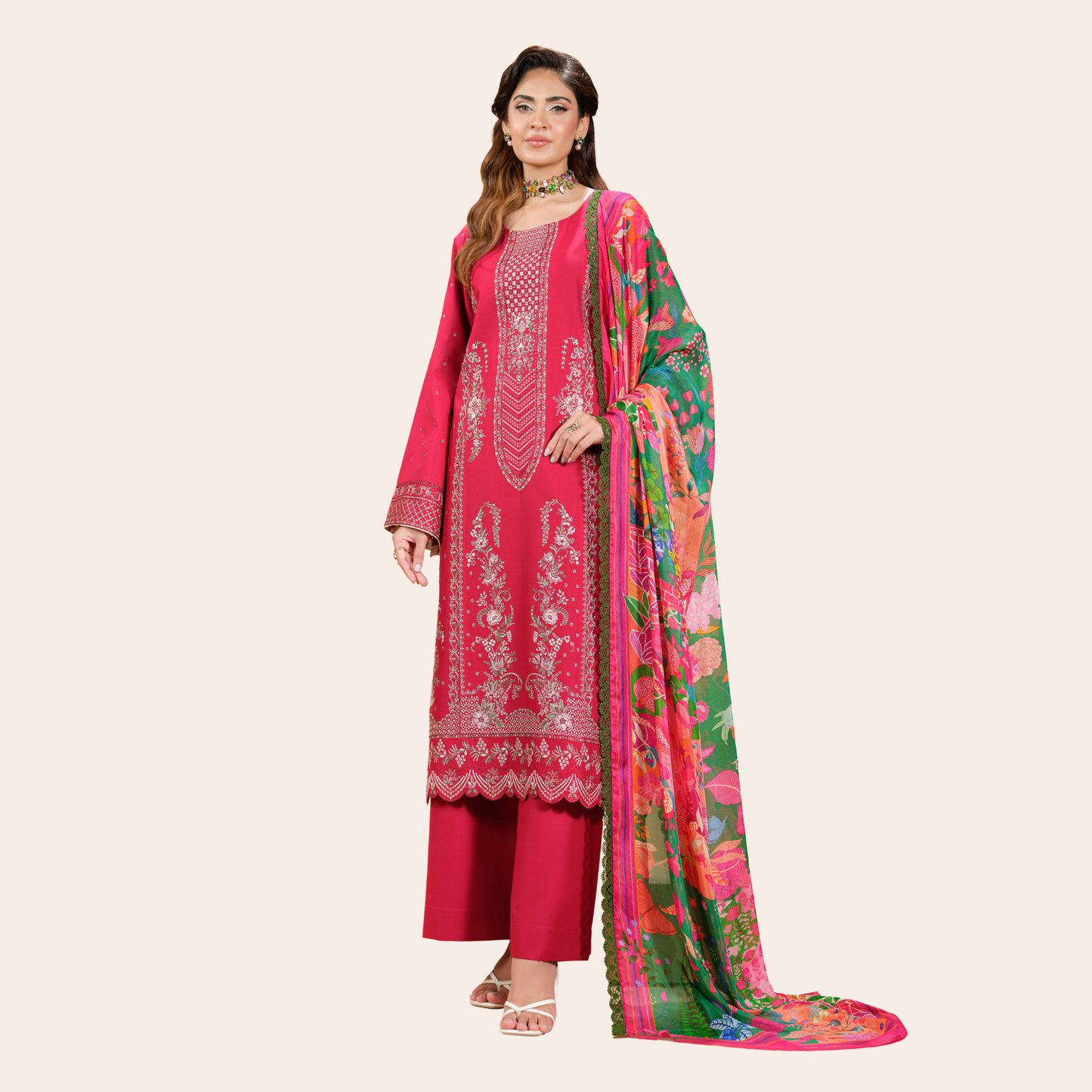 Pakistani Embroidered Viscose Suit Canada | 3-Piece with Digital Silk Dupatta