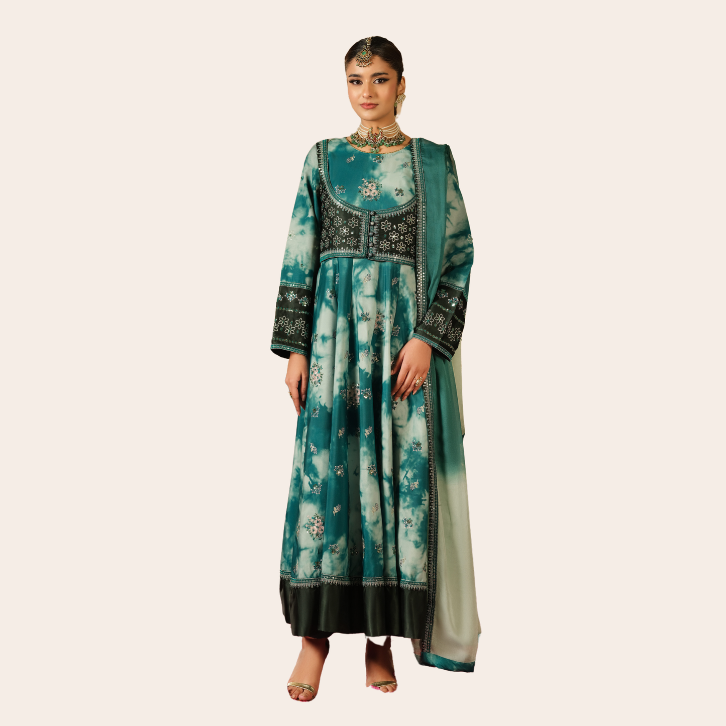 Pakistani Embroidered Frock Suit Canada | Printed Cambric Dress with Lawn Dupatta