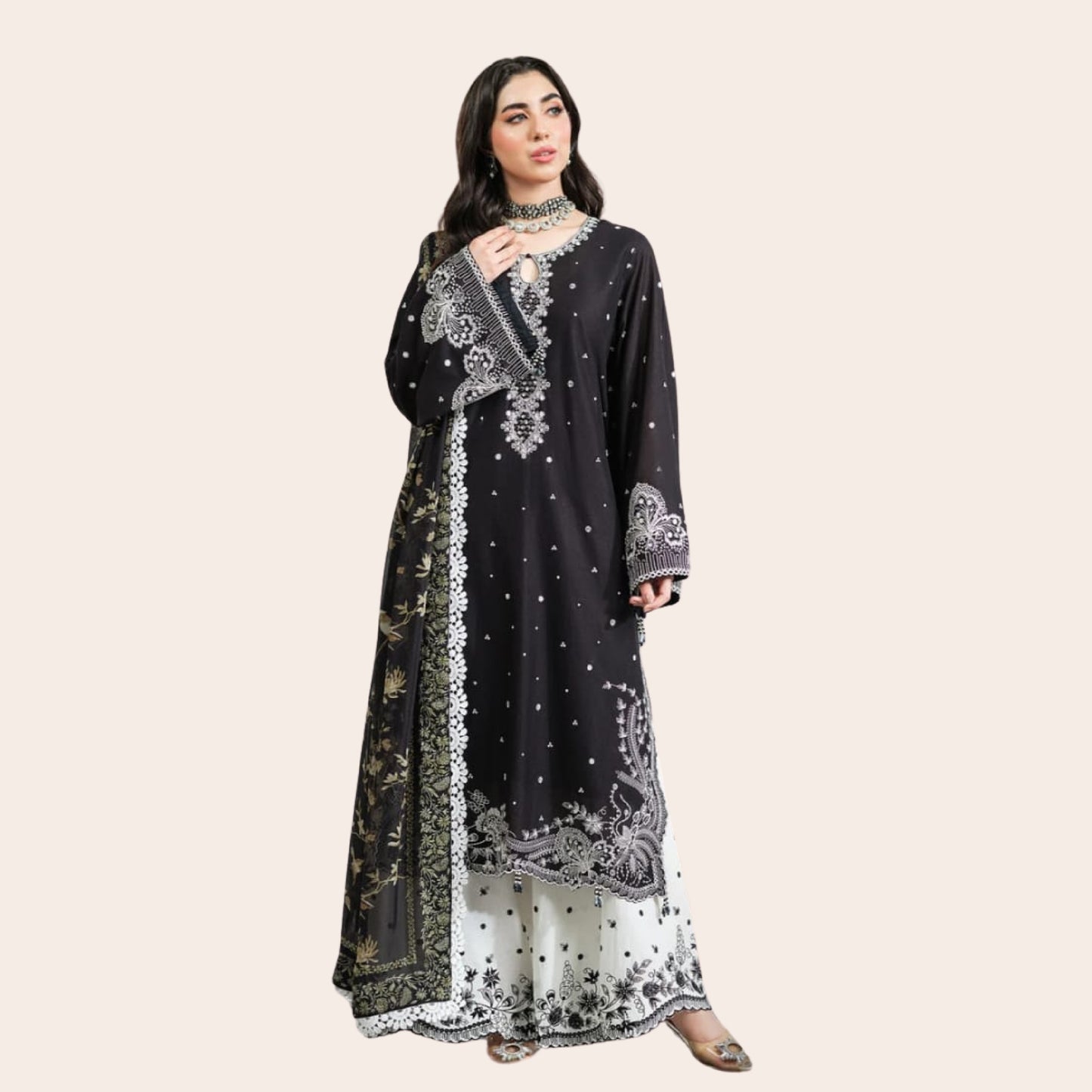Cambric Cotton Embroidered Pakistani Dress | Cutwork Plazo & Silk Dupatta Canada