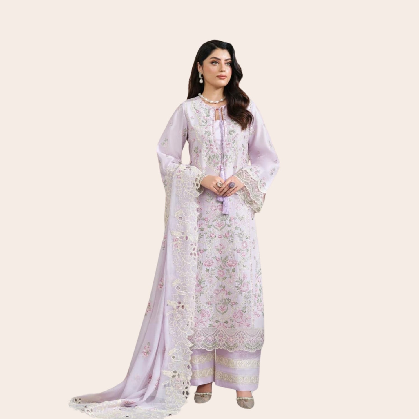Embroidered Cambric Cotton Suit with Plazo & Chiffon Dupatta
