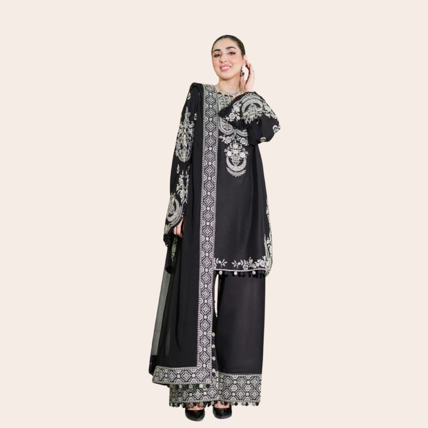 Embroidered Cambric Cotton 3-Piece Suit | Pakistani Party Wear with Chiffon Dupatta