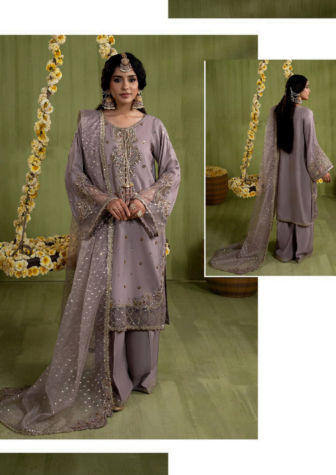 Refined Raw Silk Pakistani Wedding Dress | Farshi Shalwar & Organza Dupatta Canada