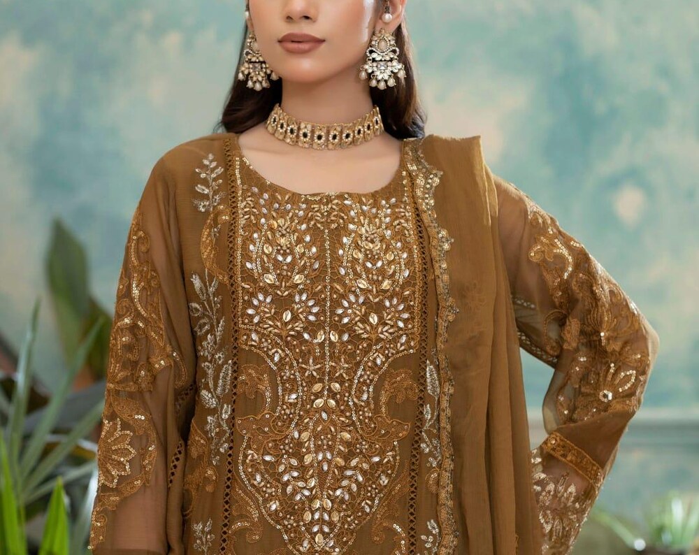 Antique Gold 3 Piece Pakistani Suit | Embroidered Chiffon Dresses for Wedding & Party Wear