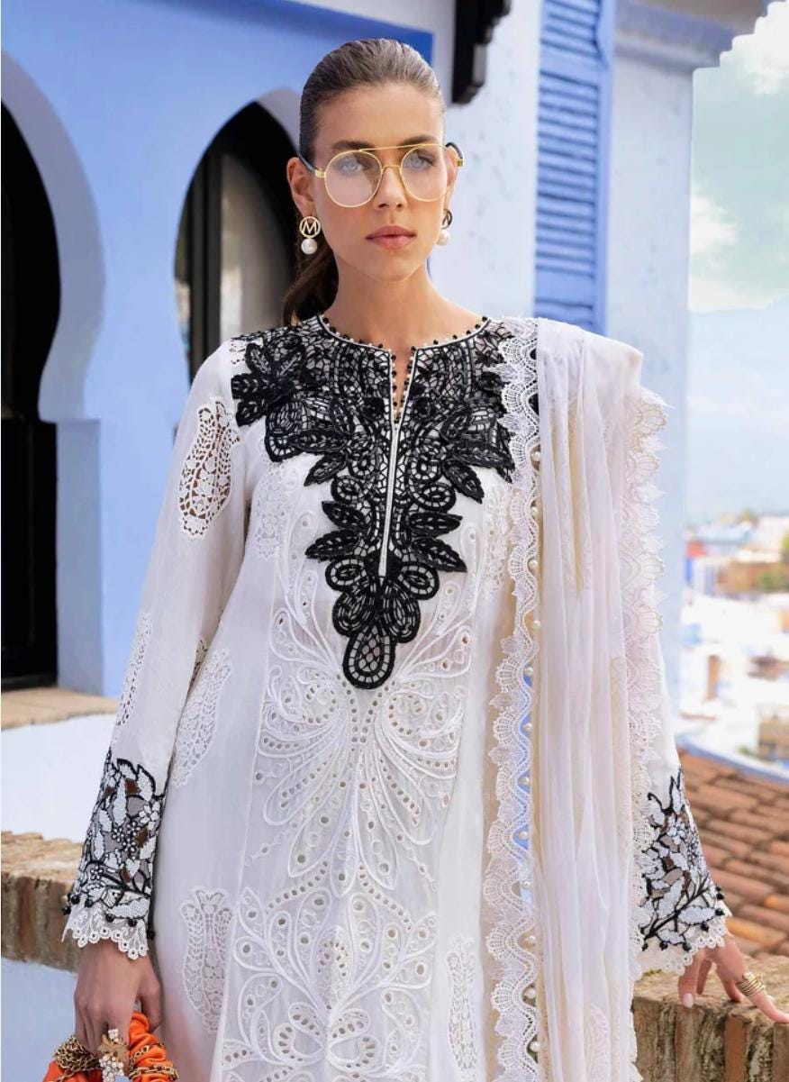Maria b inspired hit code Emboss work net duppata Pearls Tassels