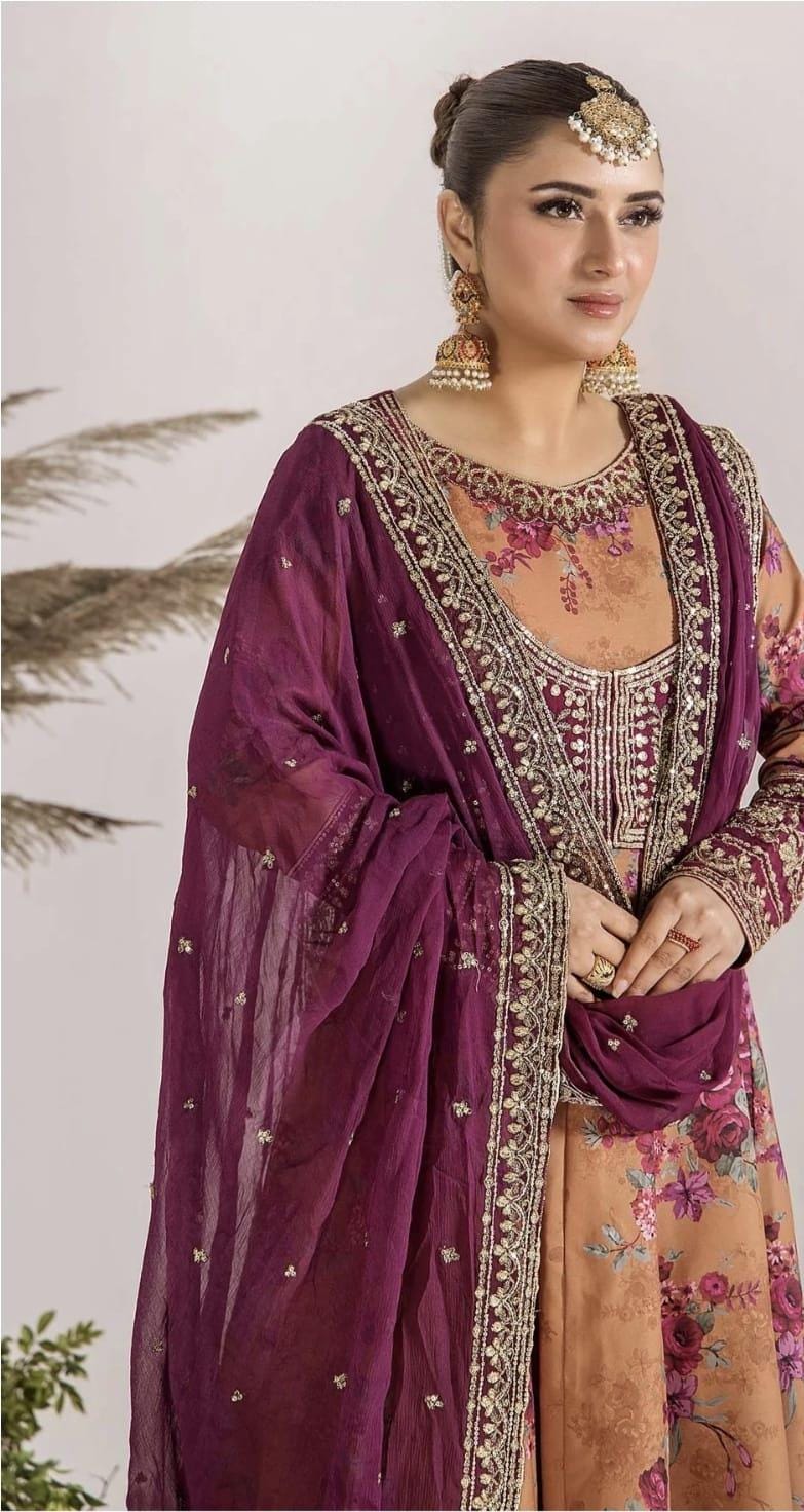 Embroidered Satin Salwar Kameez | Pakistani Digital Print Eid Outfit