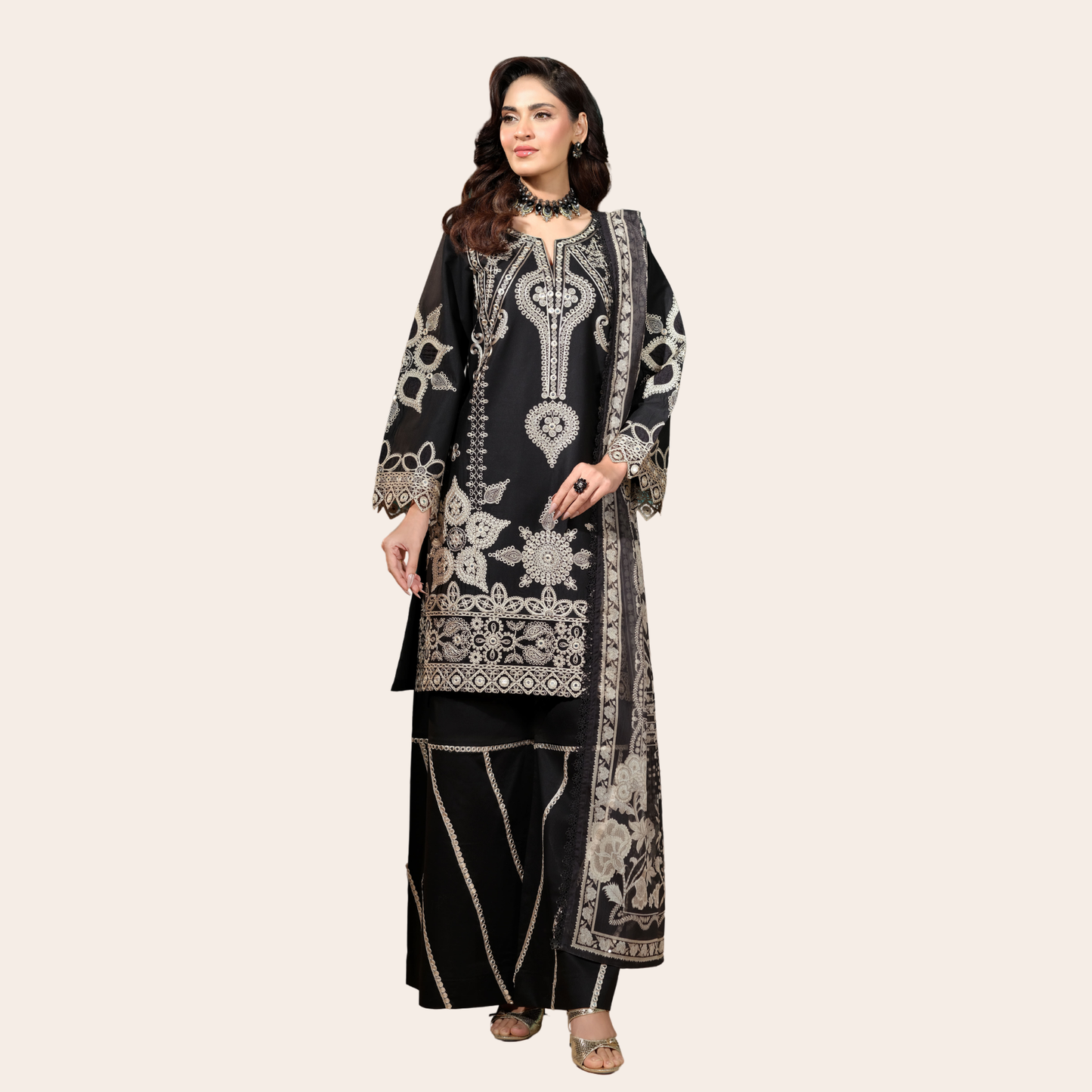 Pakistani Sequence Embroidered Suit Canada | Cambric Plazo Set with Chiffon Dupatta