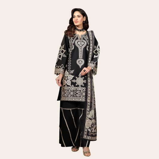 Pakistani Sequence Embroidered Suit Canada | Cambric Plazo Set with Chiffon Dupatta