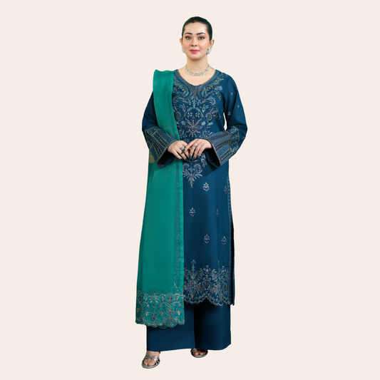 Cambric Cotton 3-Piece Embroidered Suit with Organza Dupatta