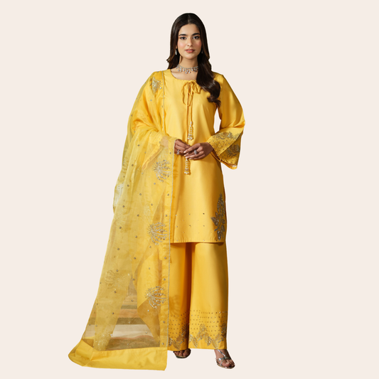 Pakistani Sequence Embroidered Suit Canada | Cambric Plazo Set with Organza Dupatta