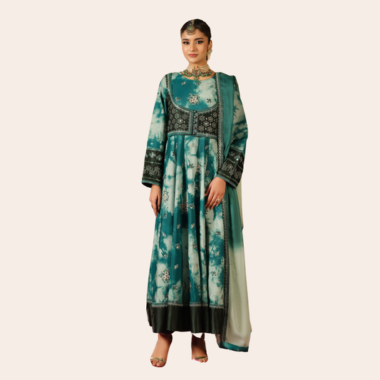 Pakistani Embroidered Frock Suit Canada | Printed Cambric Dress with Lawn Dupatta