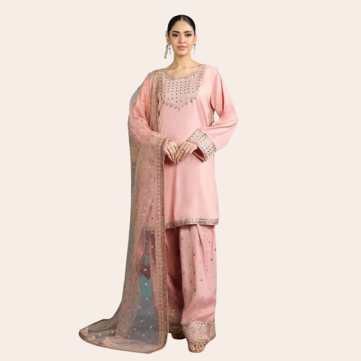 Embroidered Cambric Cotton Pakistani Suit | Farshi Shalwar & Net Dupatta Canada