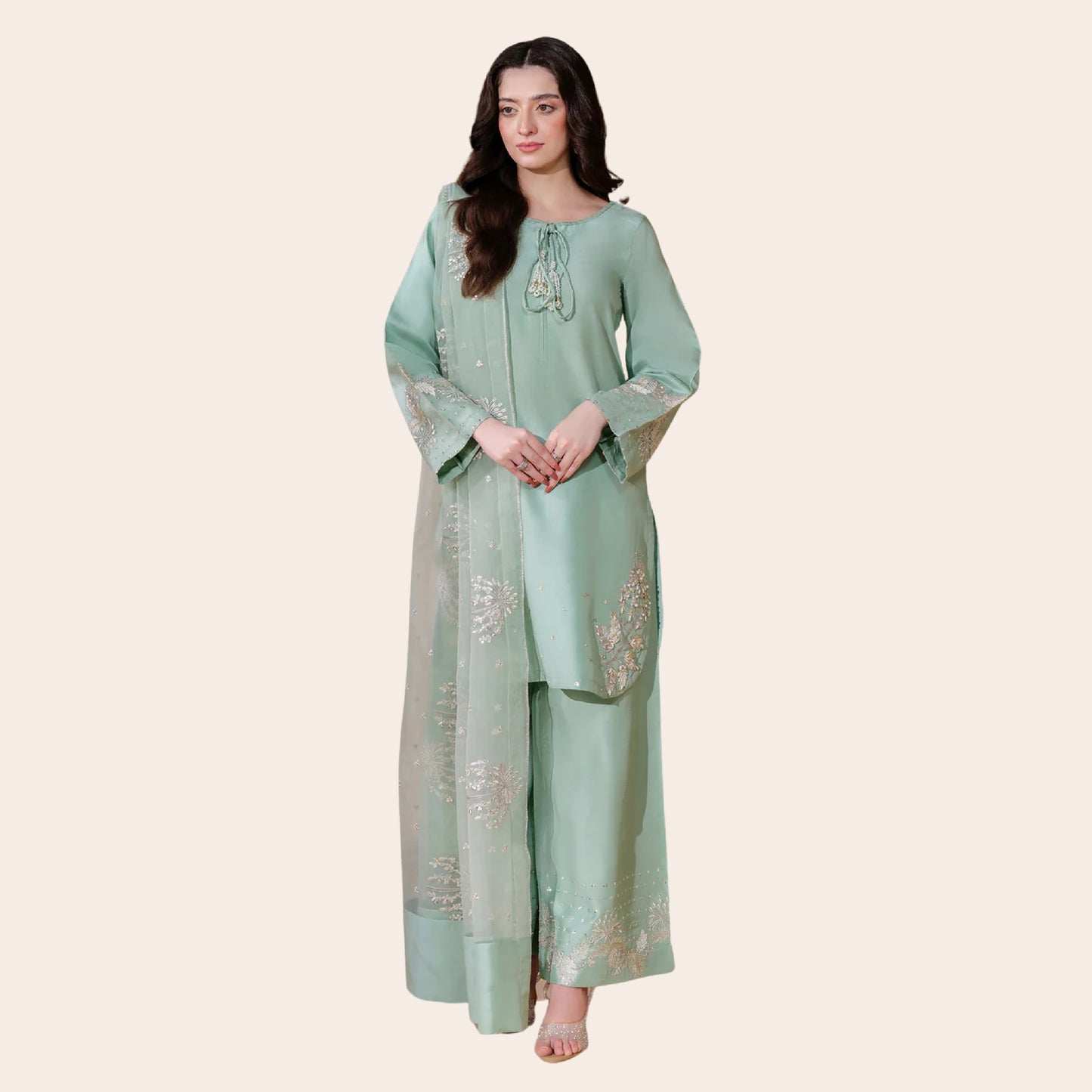 Cambric Cotton Embroidered Pakistani Dress | Plazo & Organza Dupatta Canada