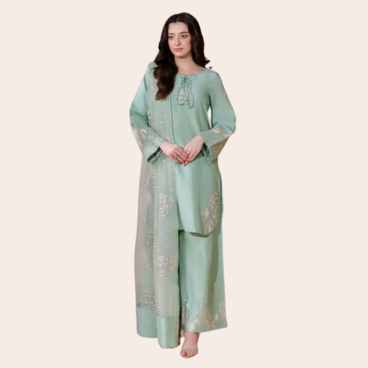 Cambric Cotton Embroidered Pakistani Dress | Plazo & Organza Dupatta Canada