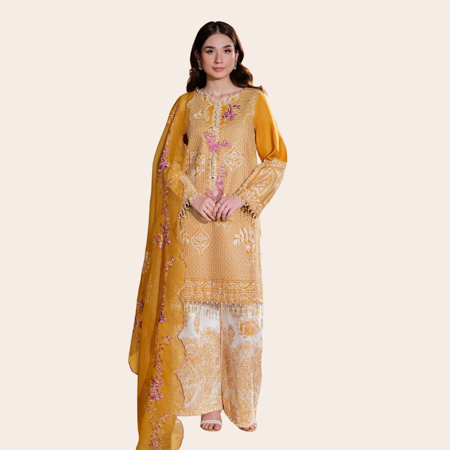Embroidered Viscose Suit with Printed Trouser & Rajjo Net Dupatta