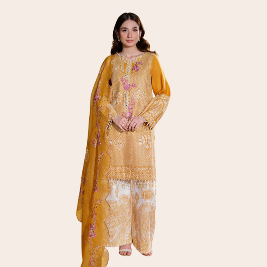 Embroidered Viscose Suit with Printed Trouser & Rajjo Net Dupatta
