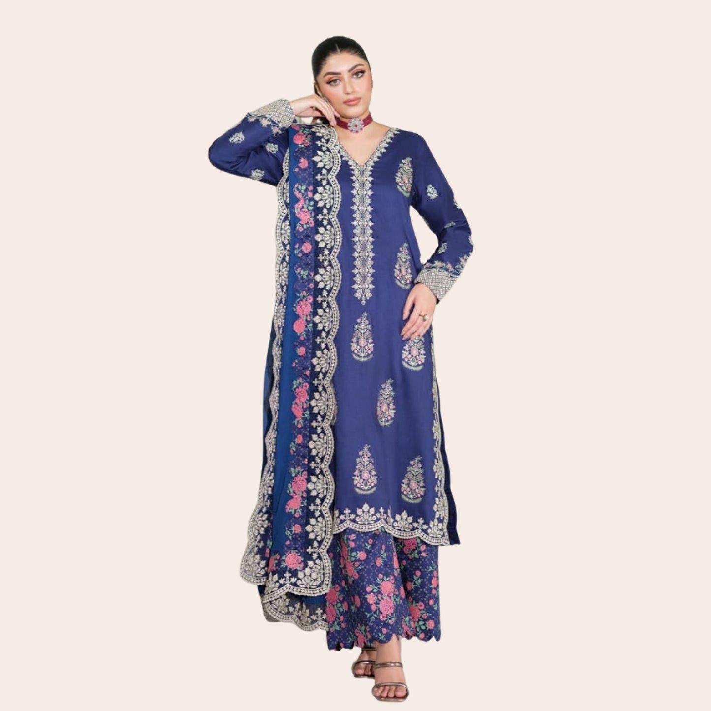 Embroidered Cambric Cotton Suit with Cutwork Daman & Chiffon Dupatta