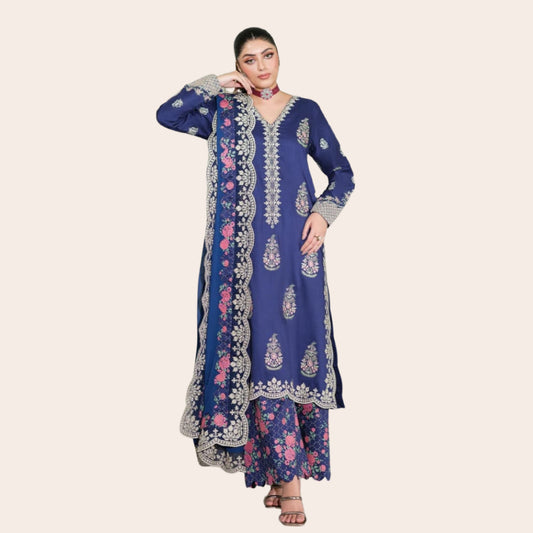 Embroidered Cambric Cotton Suit with Cutwork Daman & Chiffon Dupatta