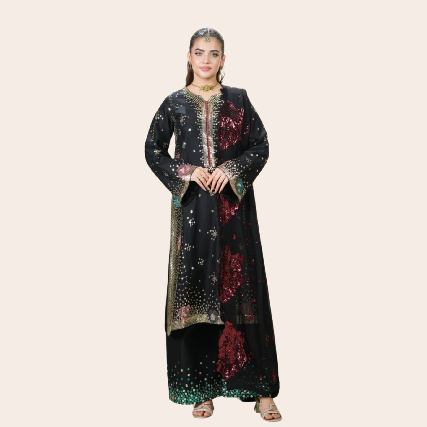 Pakistani Sequence Embroidered Suit Canada | Cambric 3-Piece Party Wear with Chiffon Dupatta