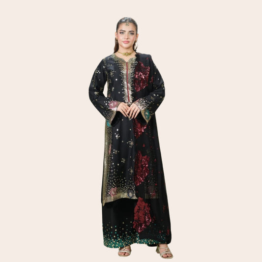 Pakistani Sequence Embroidered Suit Canada | Cambric 3-Piece Party Wear with Chiffon Dupatta