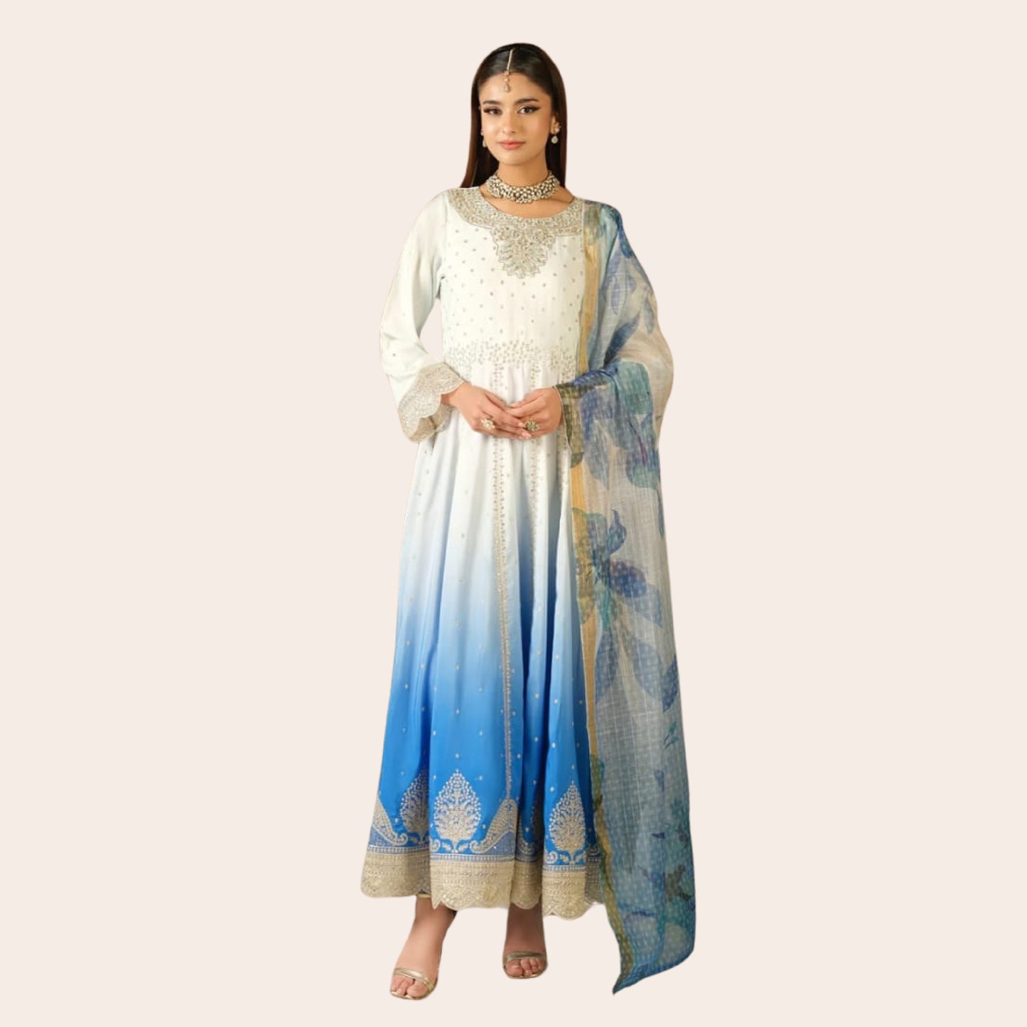 Elegant Viscose Frock 3-Piece Suit – Fully Embroidered with Organza Dupatta