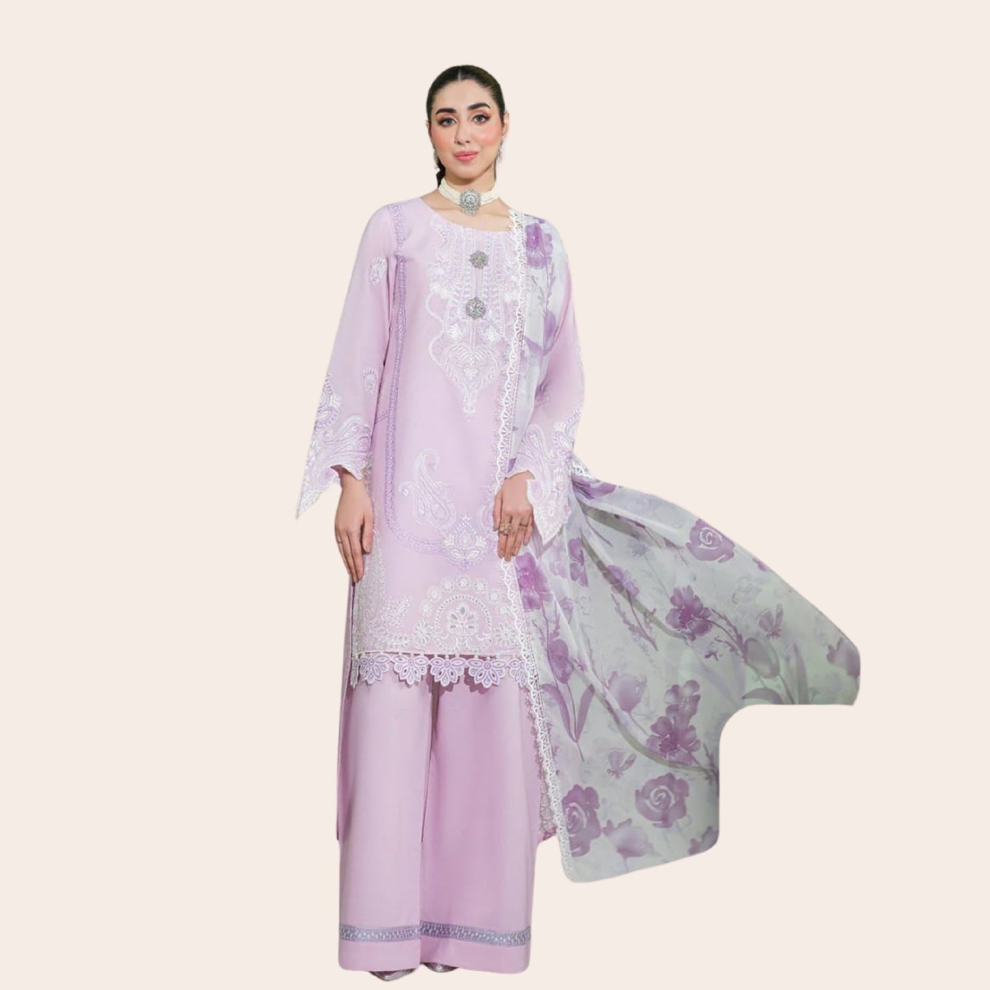 Cambric Cotton 3-Piece Embroidered Suit with Apple Silk Digital Dupatta