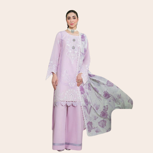 Cambric Cotton 3-Piece Embroidered Suit with Apple Silk Digital Dupatta
