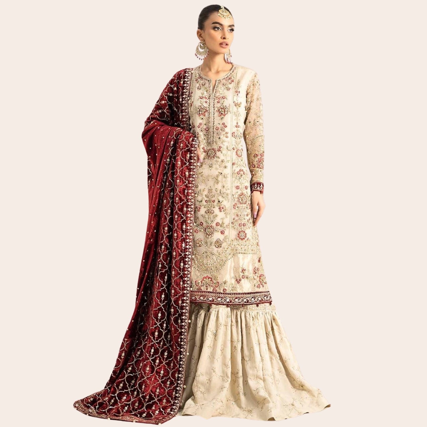 Pakistani Bridal Dress Canada | Designer Organza Wedding Suit with Velvet Shawl