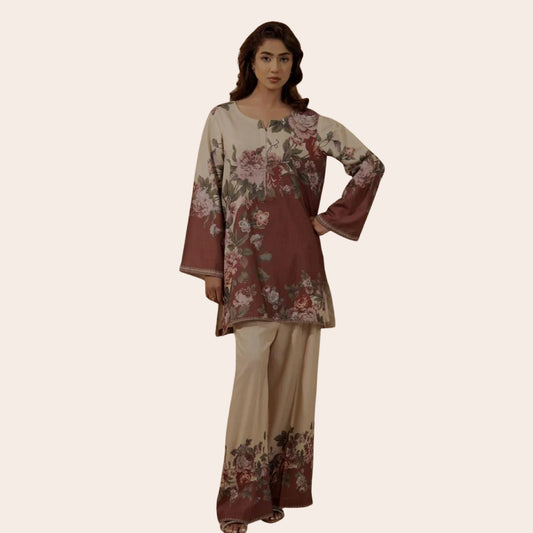 Floral Digital Print Co-ord Set – Pakistani Designer Slub Linen 2 Piece Ready to Wear Partywear