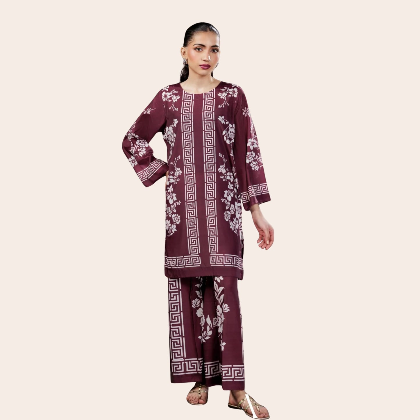 Floral Print Grip Silk Salwar Kameez – Pakistani 2 Piece Outfit with Palazzo