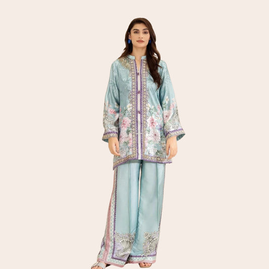 Floral Print Linen Co-Ord Set – Pakistani Designer 2 Piece Outfit | Ready to Wear Digital Print Partywear (Canada & USA)
