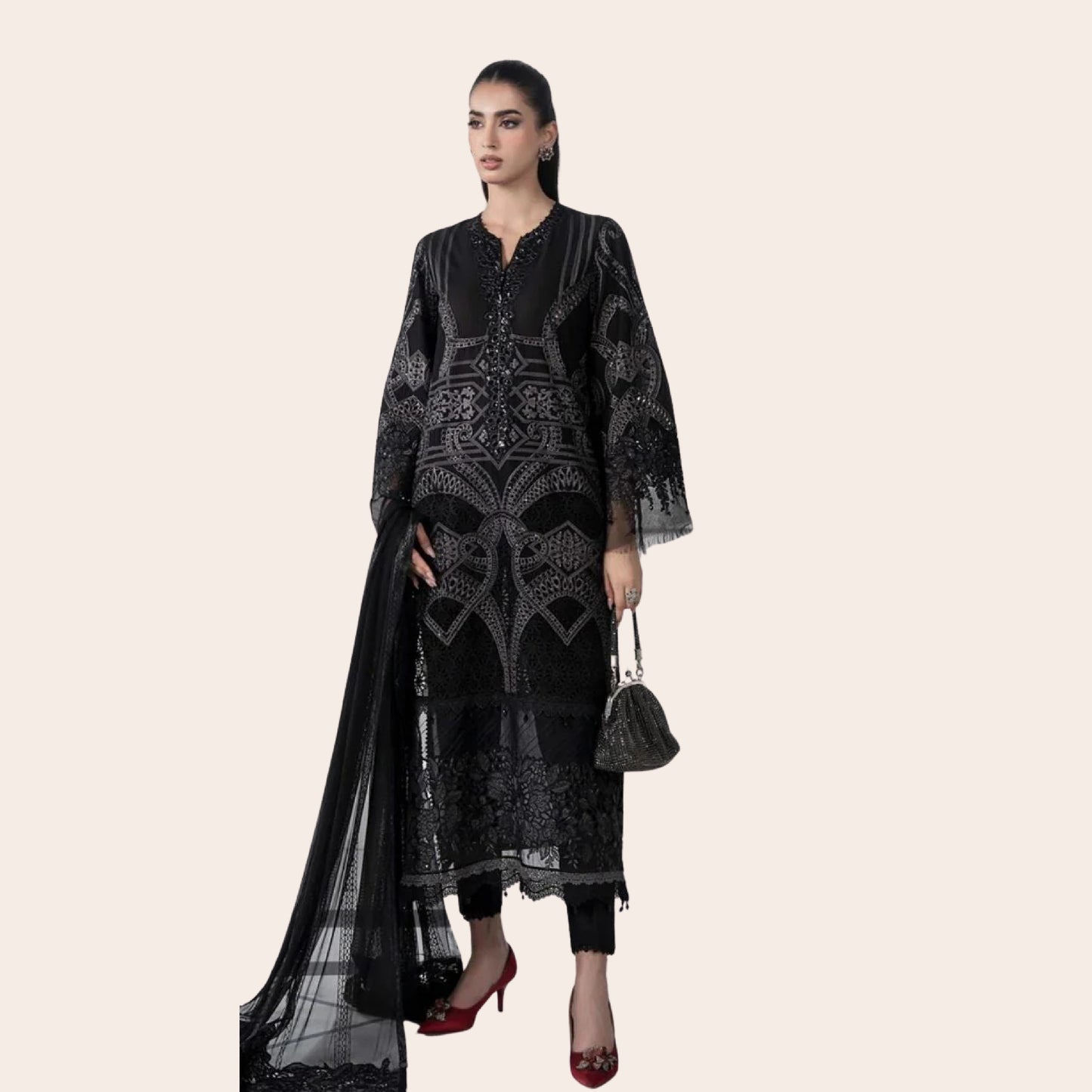 Maria B Inspired Pakistani Designer Dress with Emboss Work Net Dupatta, Pearls & Tassels