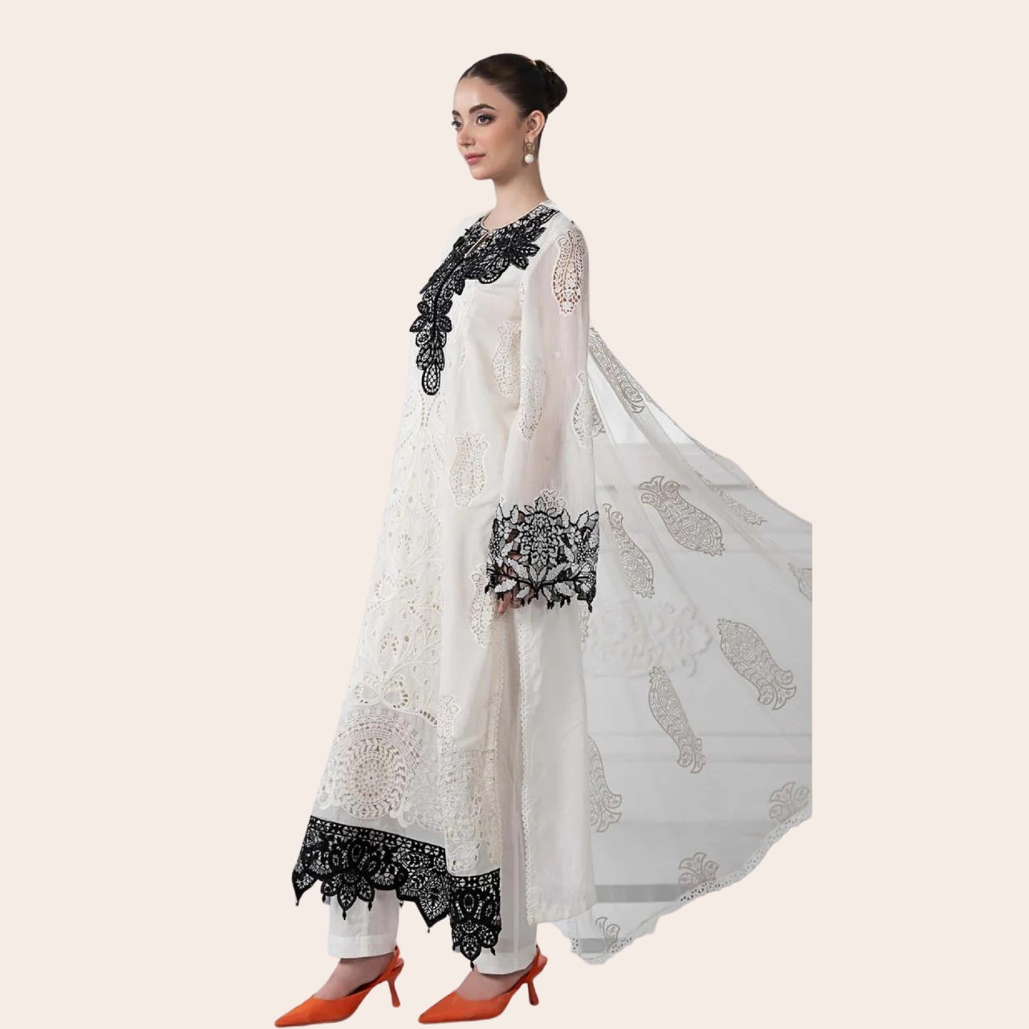 Maria B Inspired Pakistani Designer Dress with Emboss Work Net Dupatta & Pearls Tassels