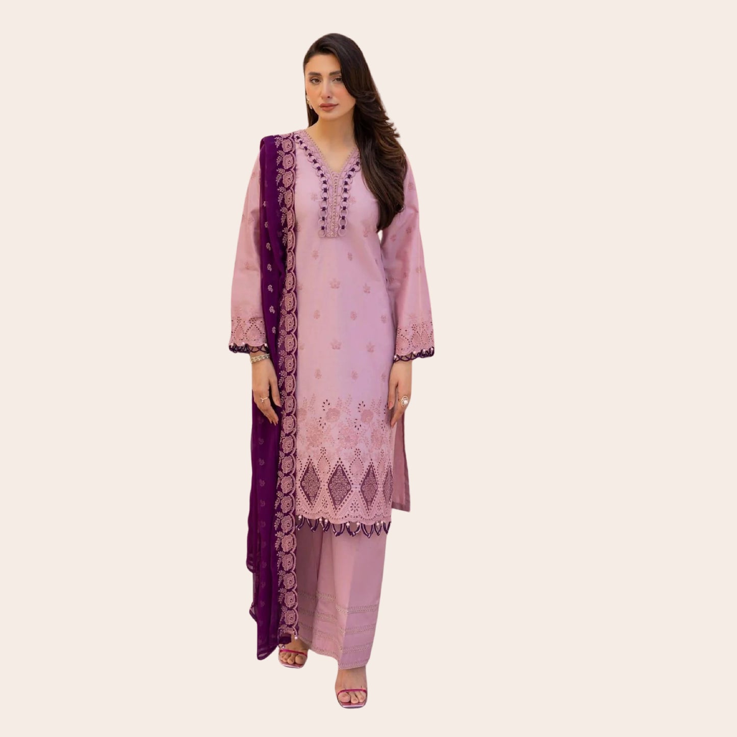 Pakistani Chikankari Cotton Suit Canada | Embroidered 3 Piece Lawn Dress with Chiffon Dupatta