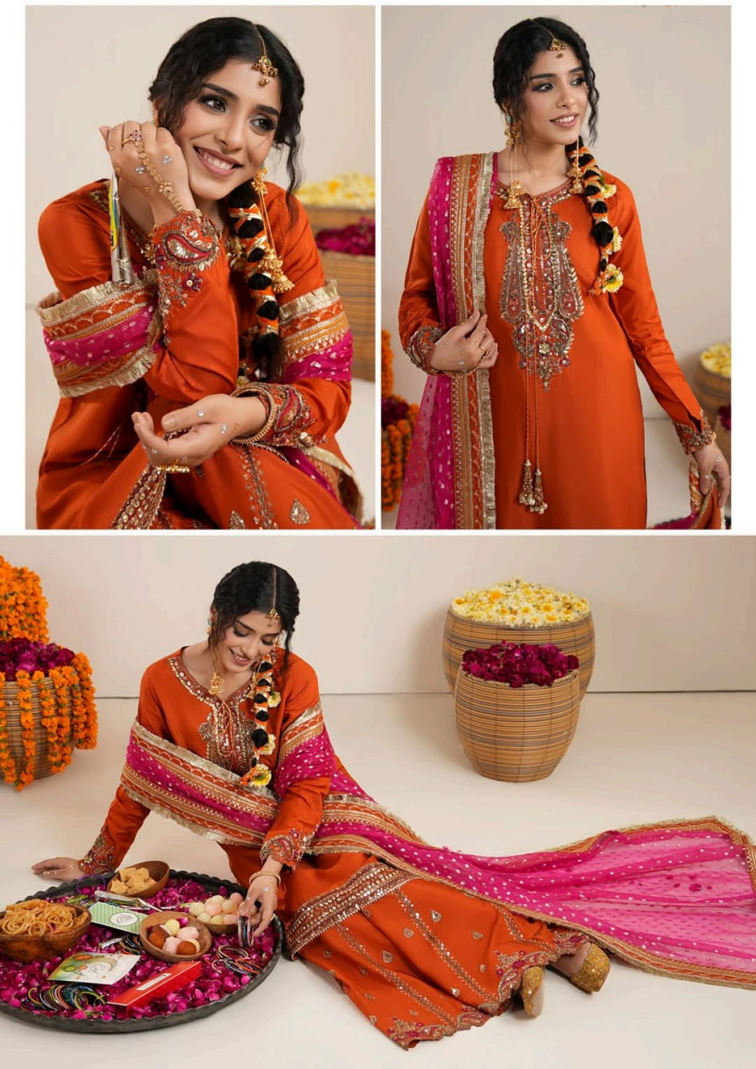 Burnt Orange Raw Silk Pakistani Dress | Embroidered Farshi Shalwar Wedding Outfit Canada