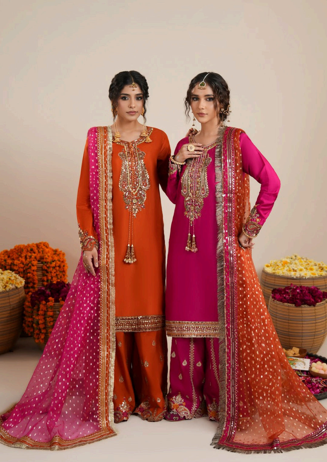 Fuchsia Raw Silk Pakistani Wedding Outfit | Embroidered Farshi Shalwar Dress Canada