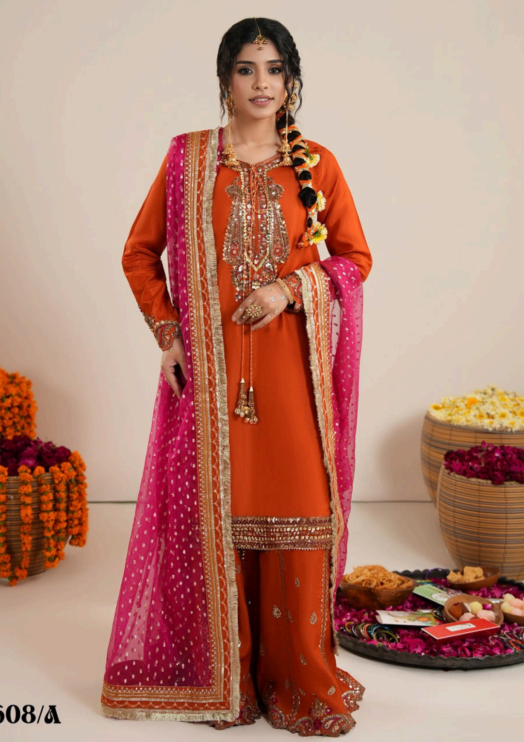 Burnt Orange Raw Silk Pakistani Dress | Embroidered Farshi Shalwar Wedding Outfit Canada