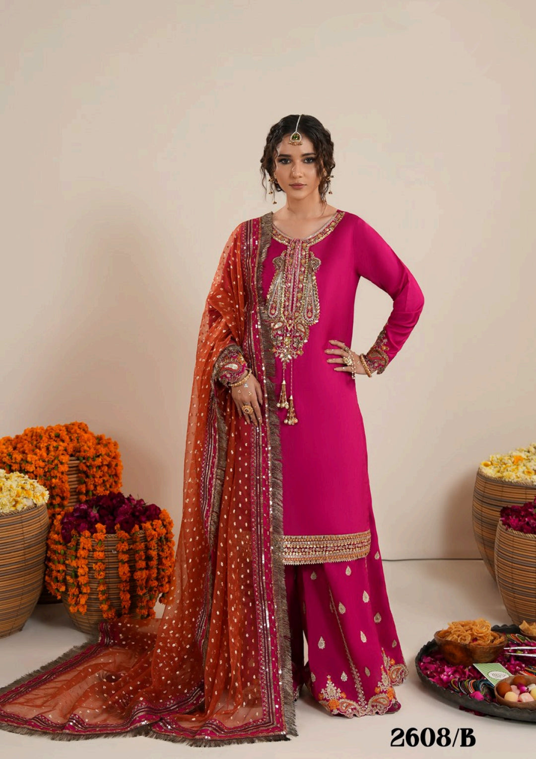 Fuchsia Raw Silk Pakistani Wedding Outfit | Embroidered Farshi Shalwar Dress Canada