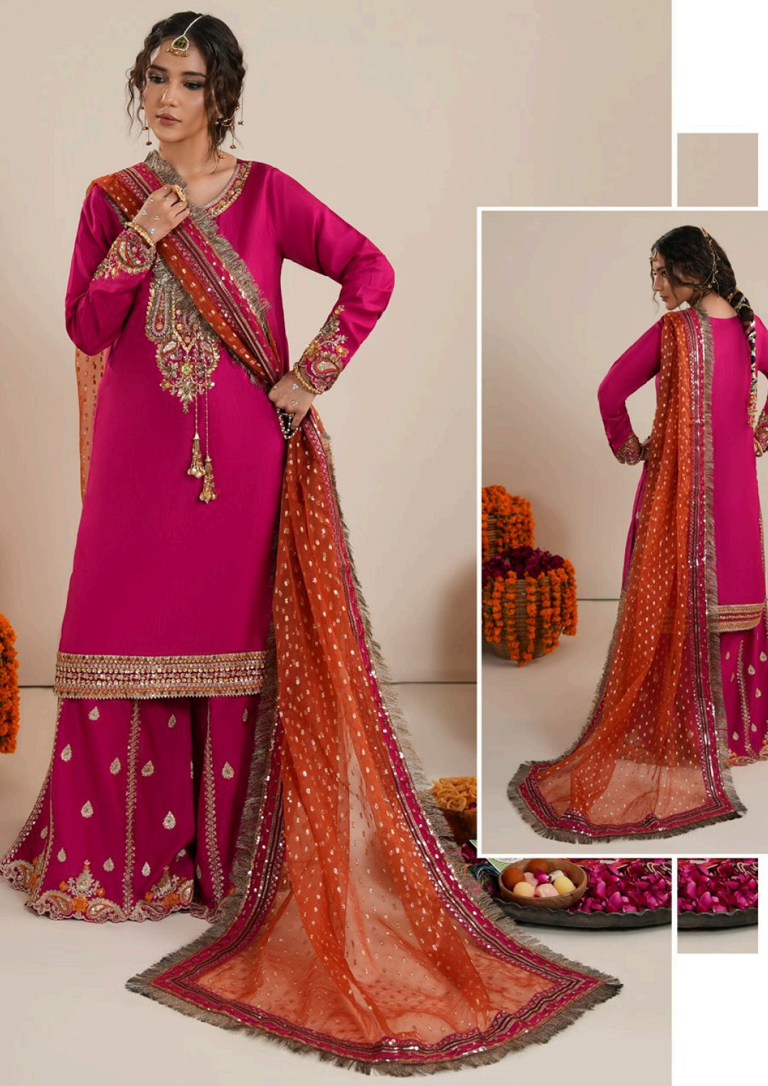 Fuchsia Raw Silk Pakistani Wedding Outfit | Embroidered Farshi Shalwar Dress Canada