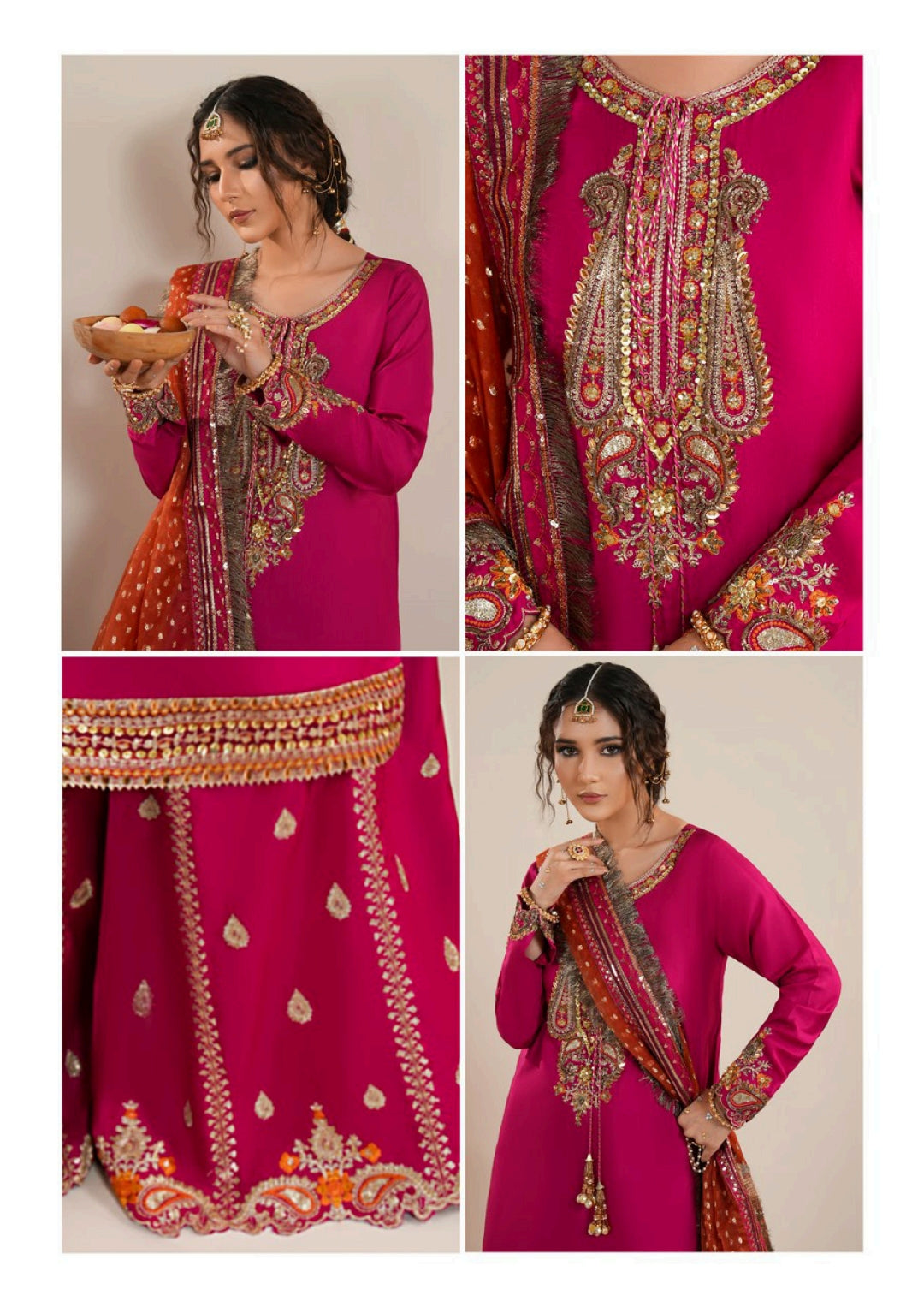 Fuchsia Raw Silk Pakistani Wedding Outfit | Embroidered Farshi Shalwar Dress Canada
