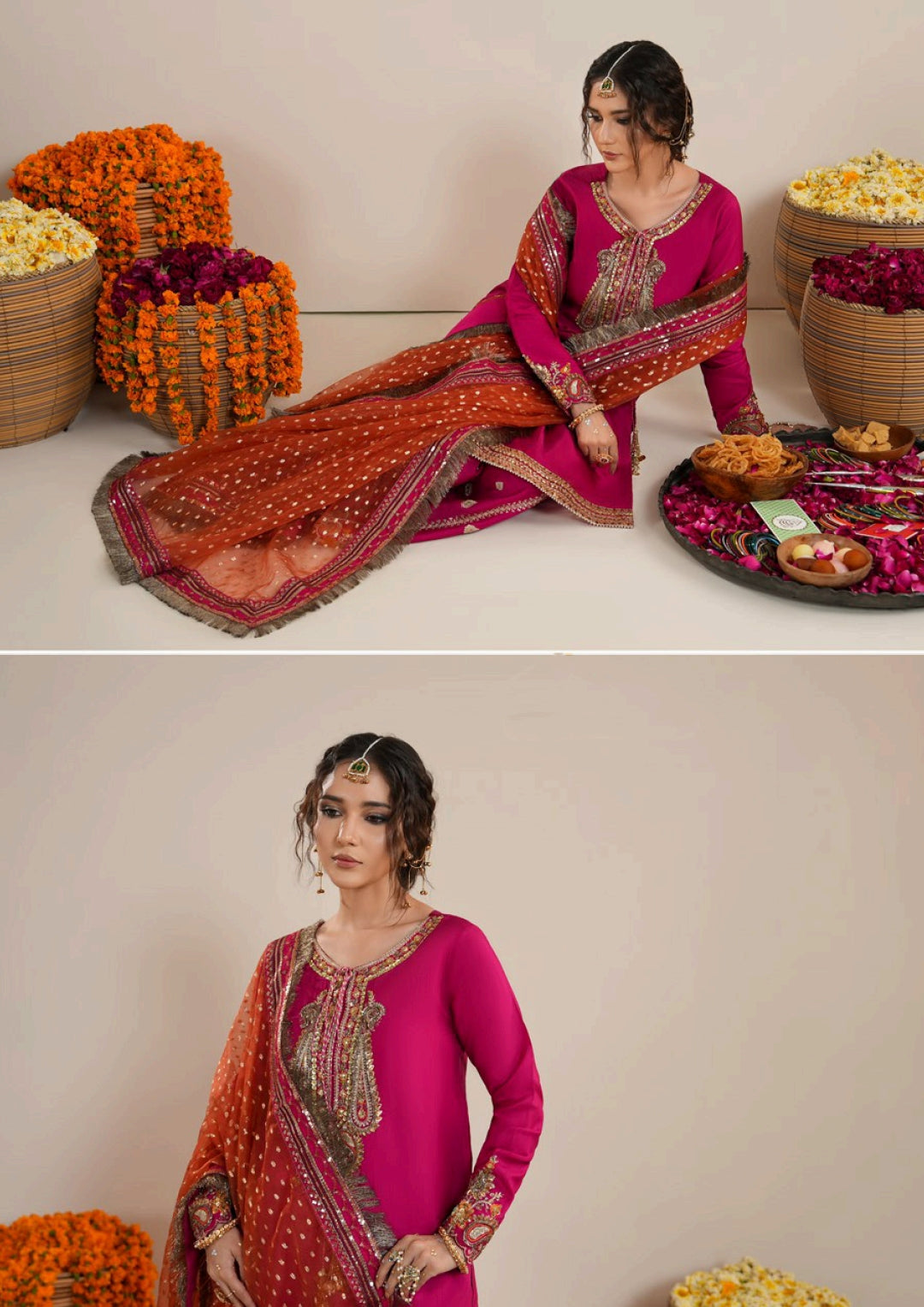 Fuchsia Raw Silk Pakistani Wedding Outfit | Embroidered Farshi Shalwar Dress Canada