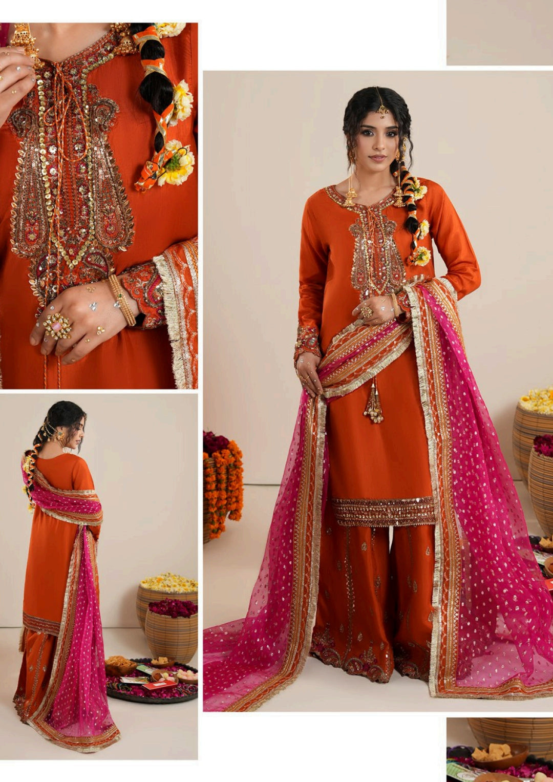 Burnt Orange Raw Silk Pakistani Dress | Embroidered Farshi Shalwar Wedding Outfit Canada