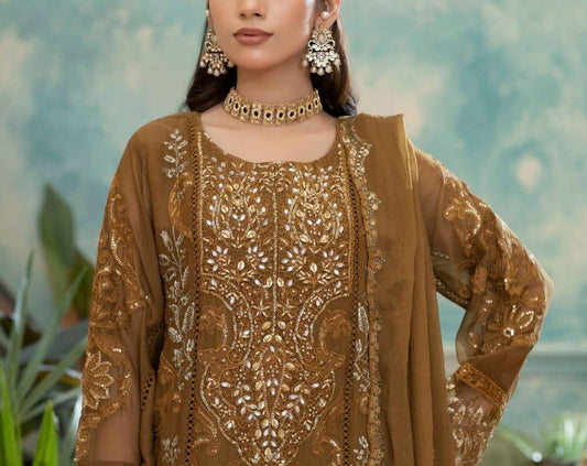 Embroidered Chiffon Pakistani Suit | Antique Gold 3 Piece Outfit