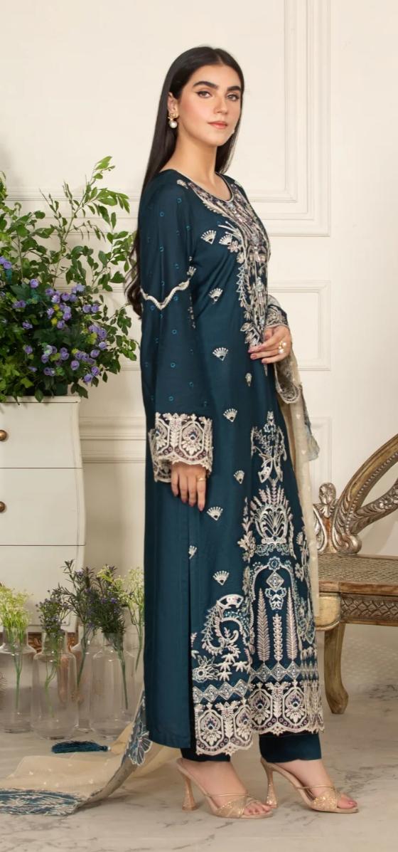 Embroidered Viscose Pakistani Suit: Designer Kameez, Dupatta & Shalwar