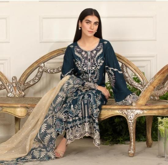 Embroidered Viscose Pakistani Suit: Designer Kameez, Dupatta & Shalwar