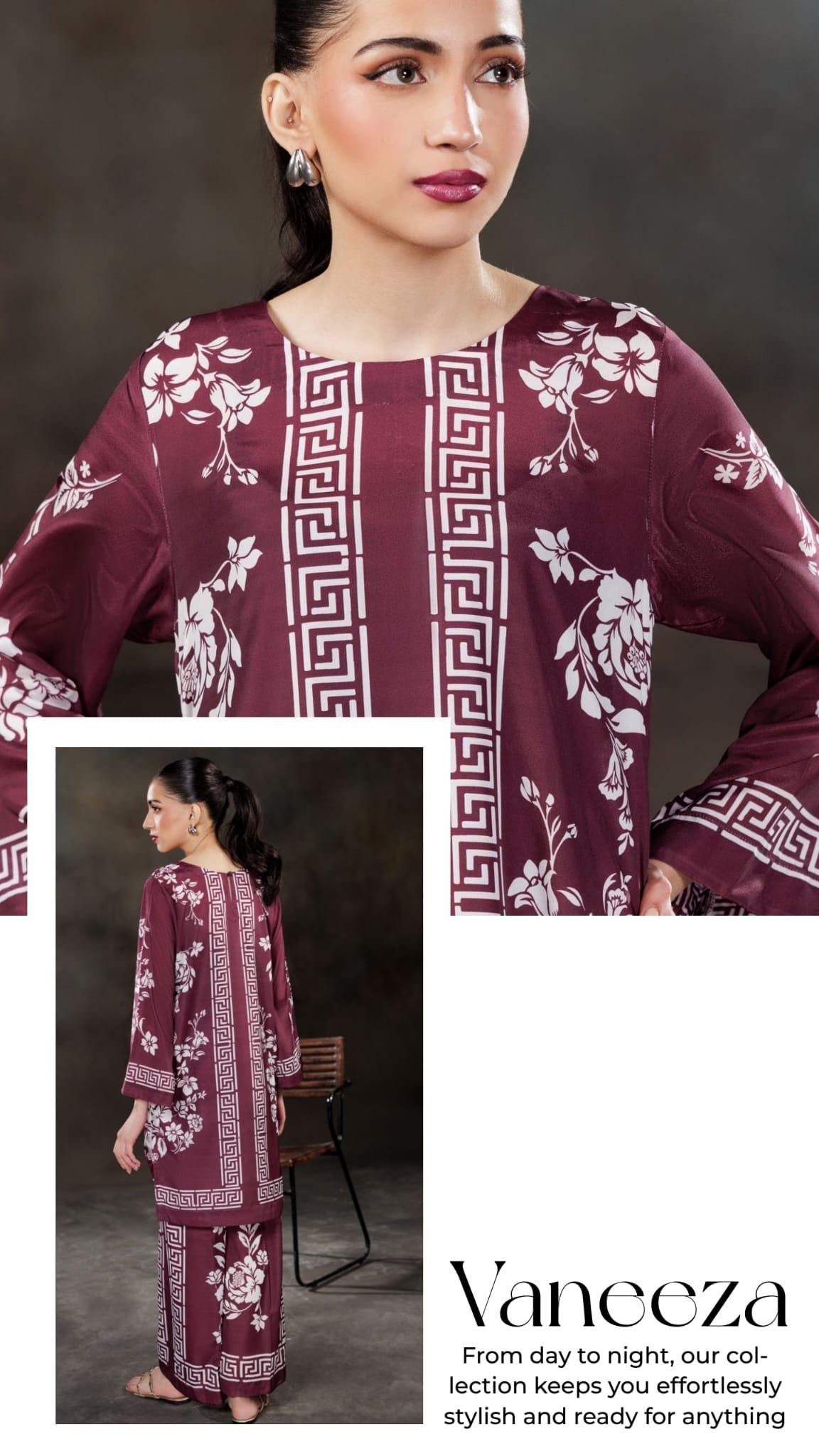 Floral Print Grip Silk Salwar Kameez: Pakistani 2-Piece Outfit