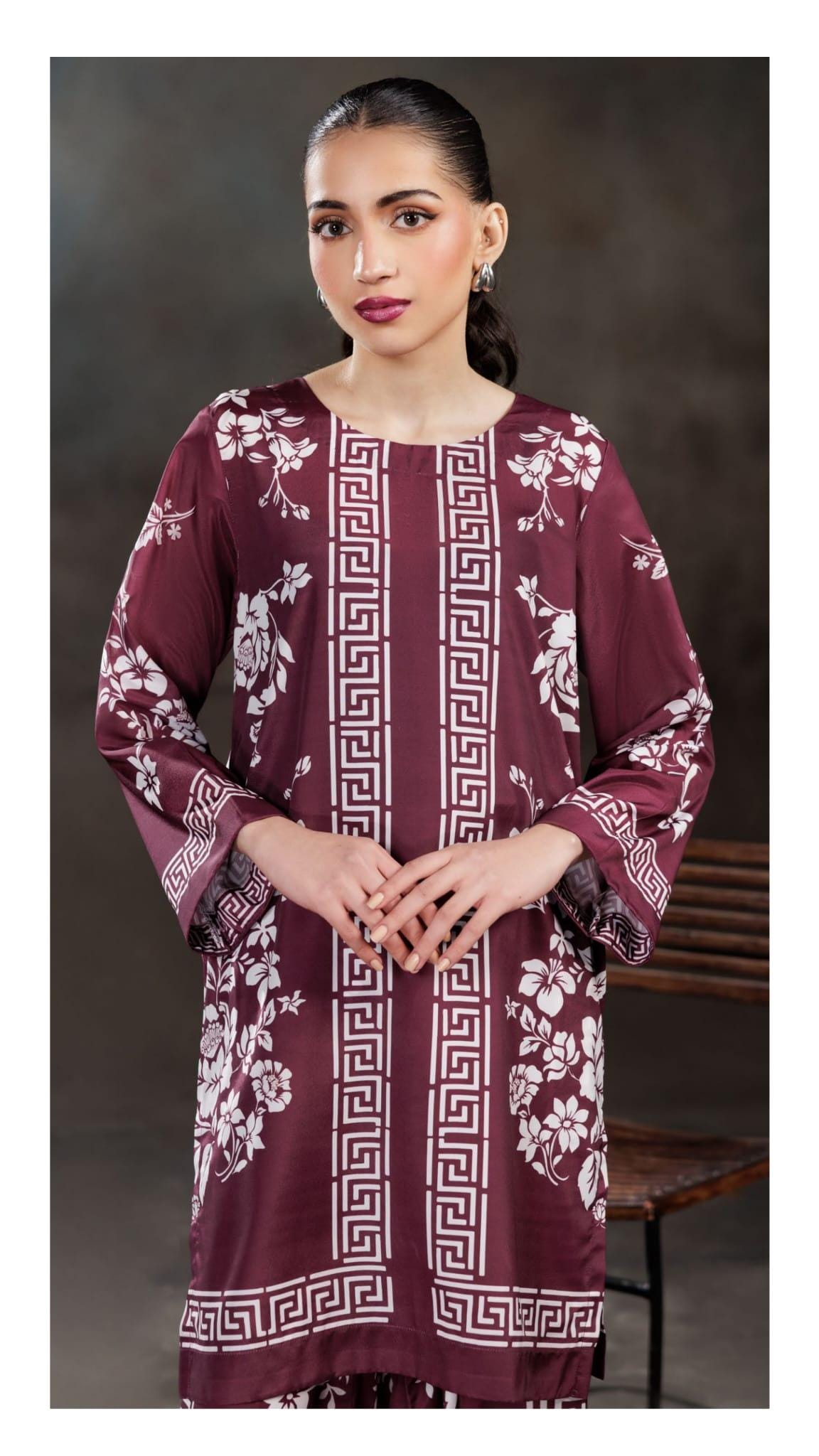 Floral Print Grip Silk Salwar Kameez: Pakistani 2-Piece Outfit