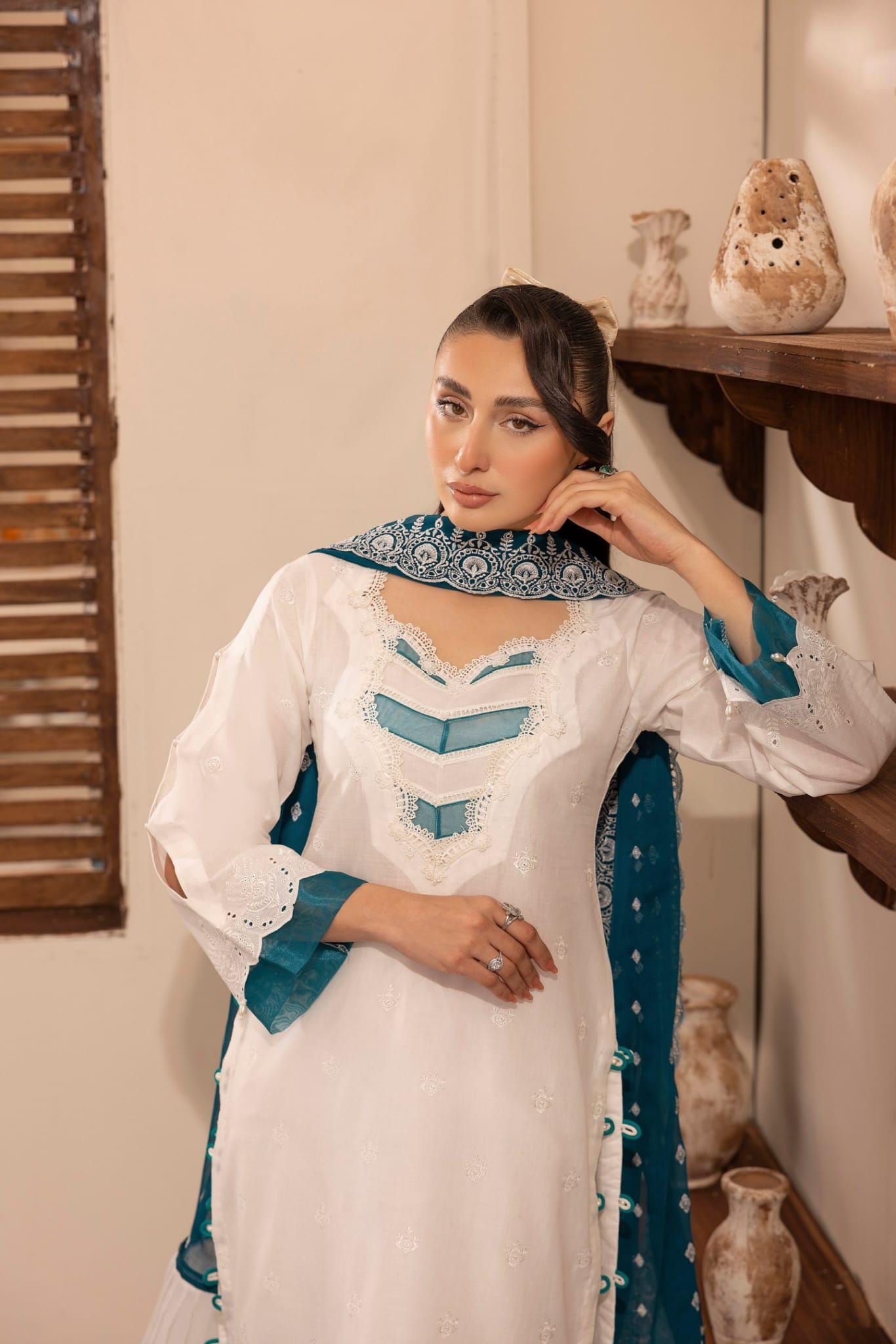 Cotton Chikkankari Shirt: Embroidered Organza Applique, Pearls & Tassels