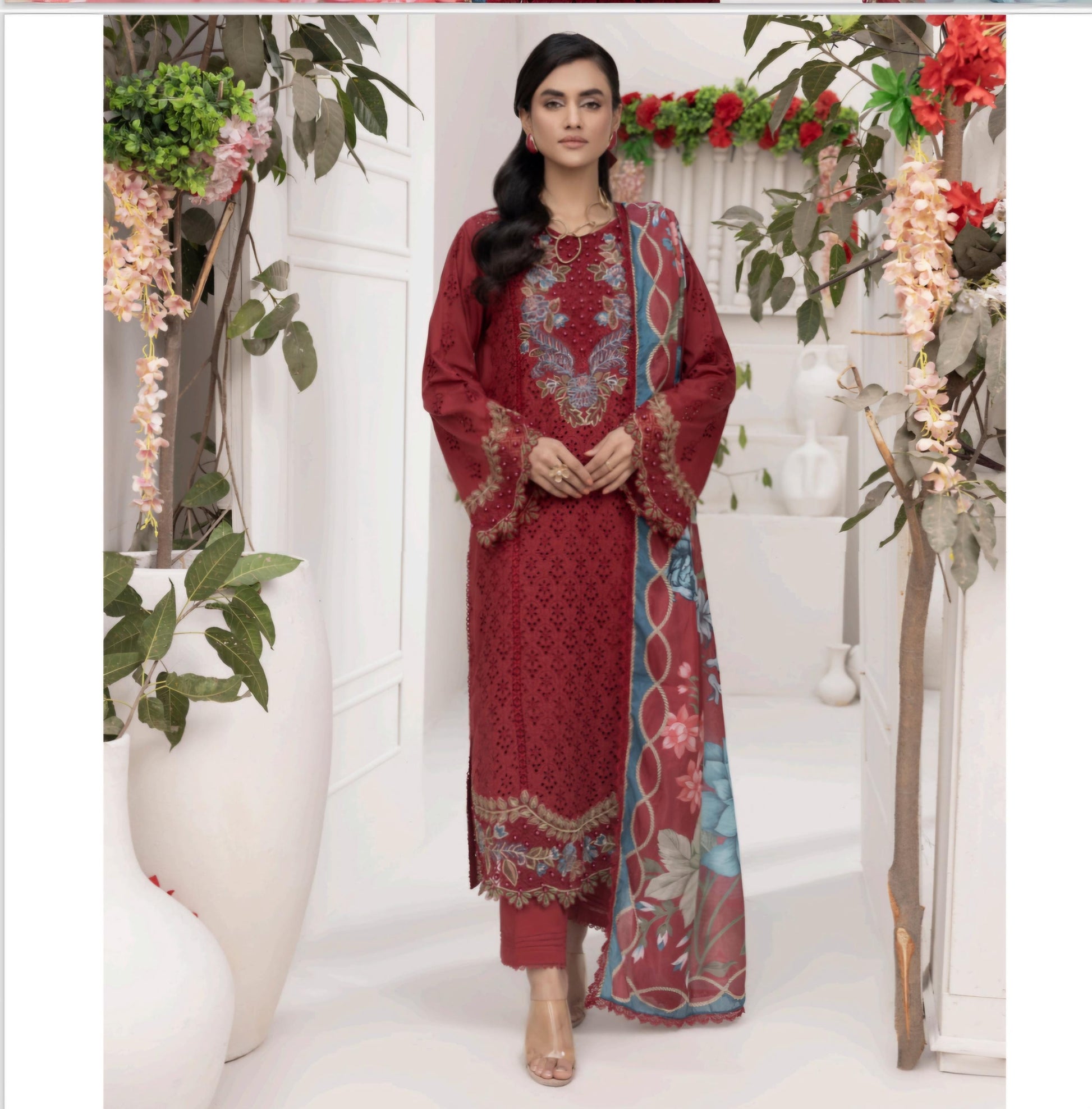 Pakistani Chikankari Embroidered Lawn Salwar Kameez Dupatta: Designer Wear